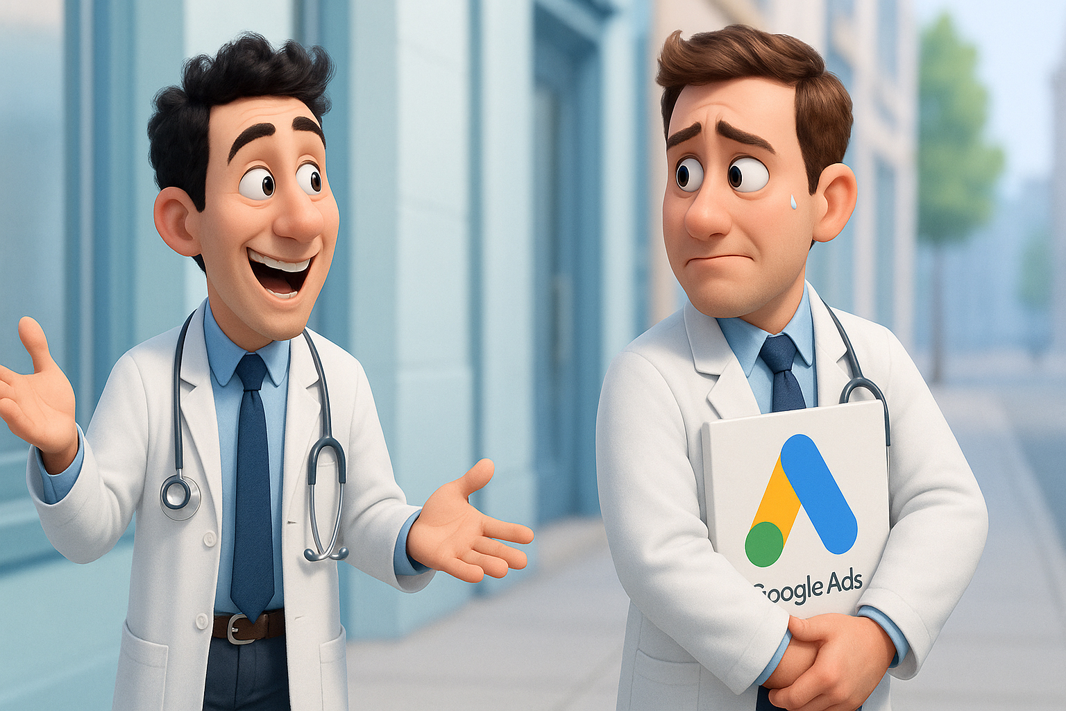 zwei Ärzte, die sich über Google Ads unterhalten
