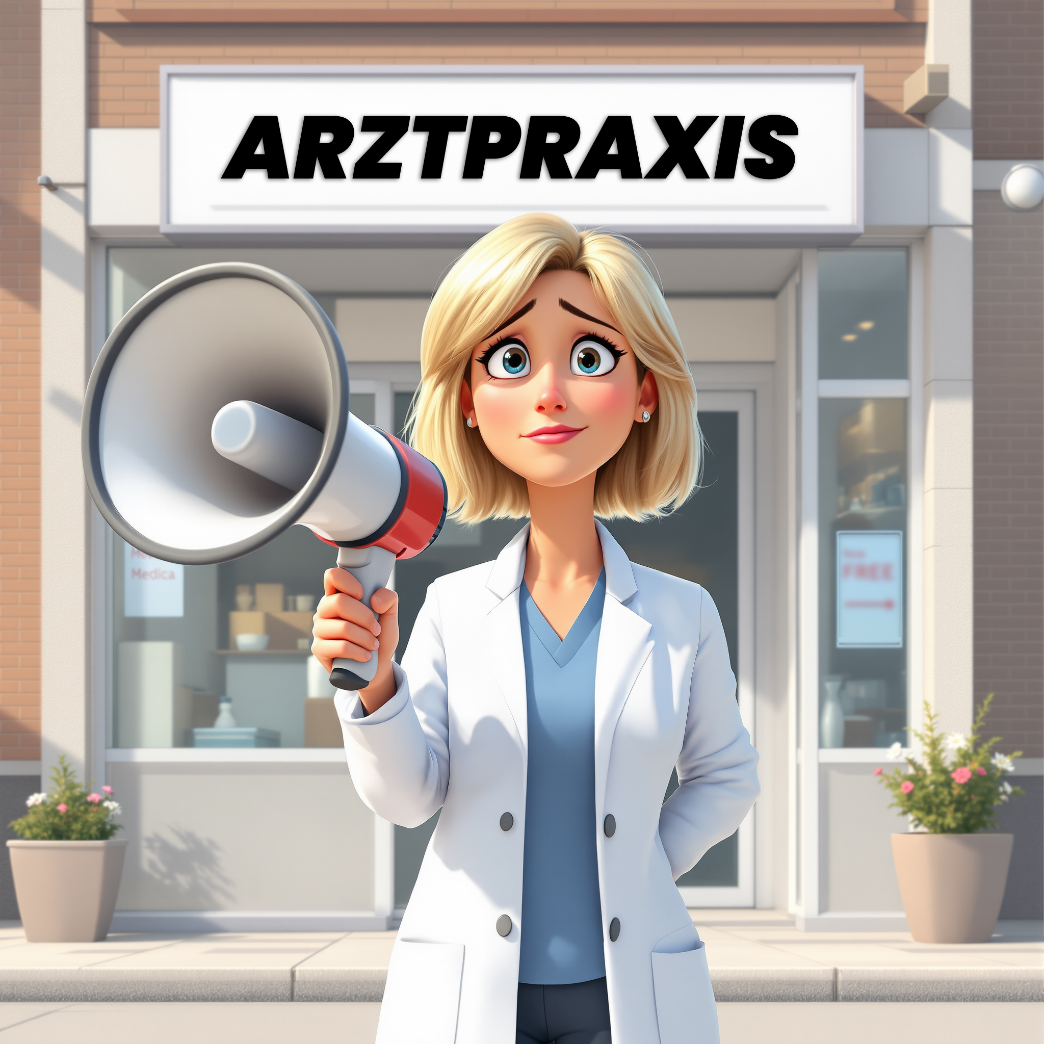 Ärztin, die sich unwohl mit Werbung fühlt, mit einem Megafon vor ihrer Praxis