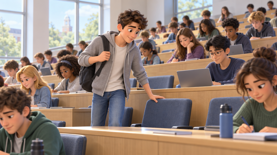 Student im Hörsaal setzt sich Student im Hörsaal setzt sich
